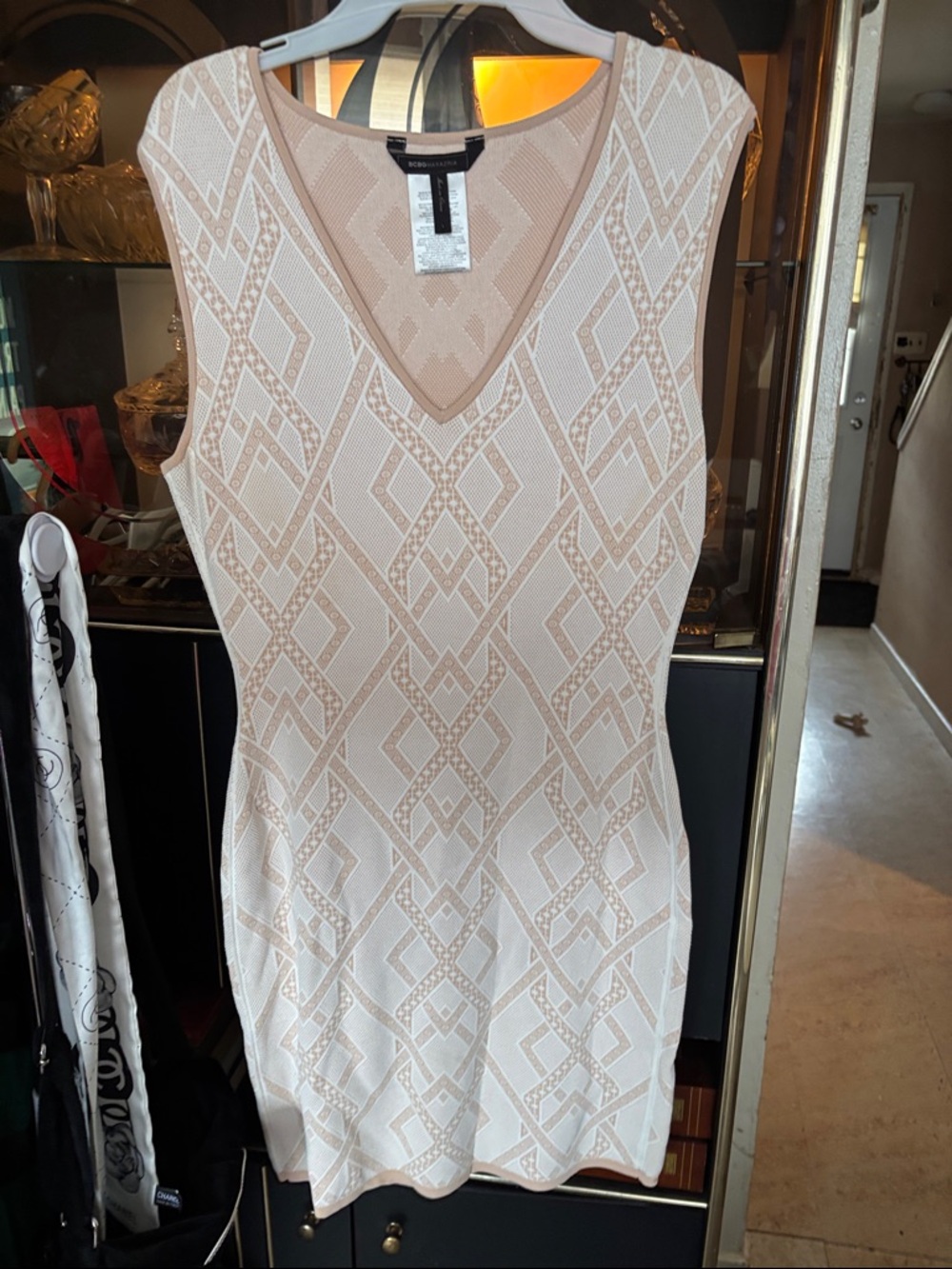 BCBGMaxAzria Beige and Ivory Sleeveless Geometric Knit Mini Dress